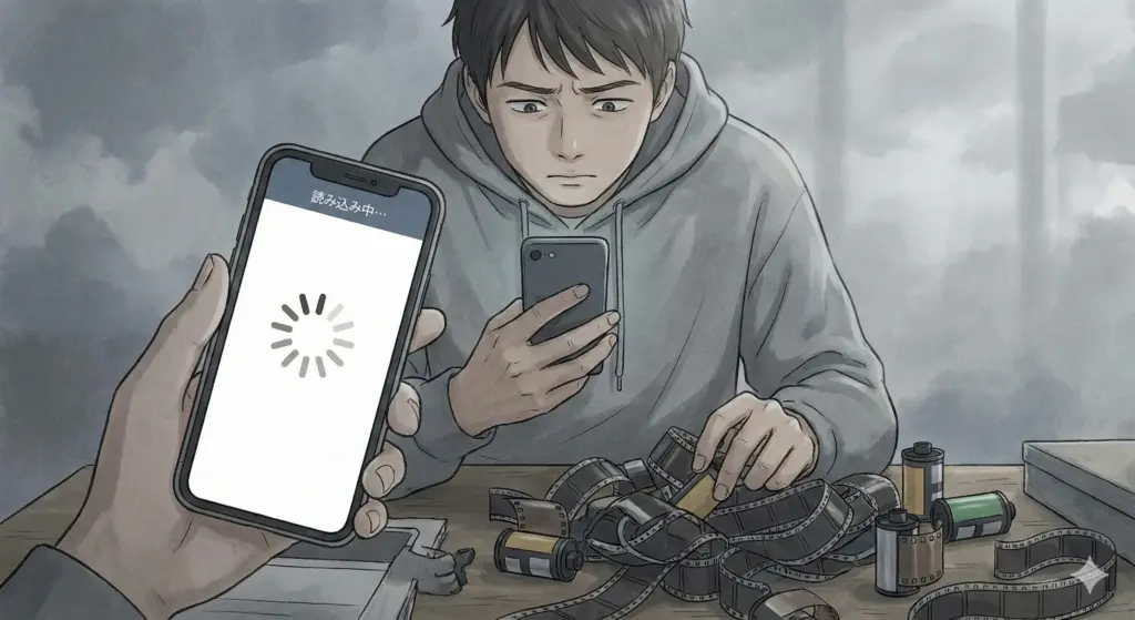 DMM TVアプリの読み込みの遅さや実写作品の少なさに少しストレスを感じているユーザーのイラスト