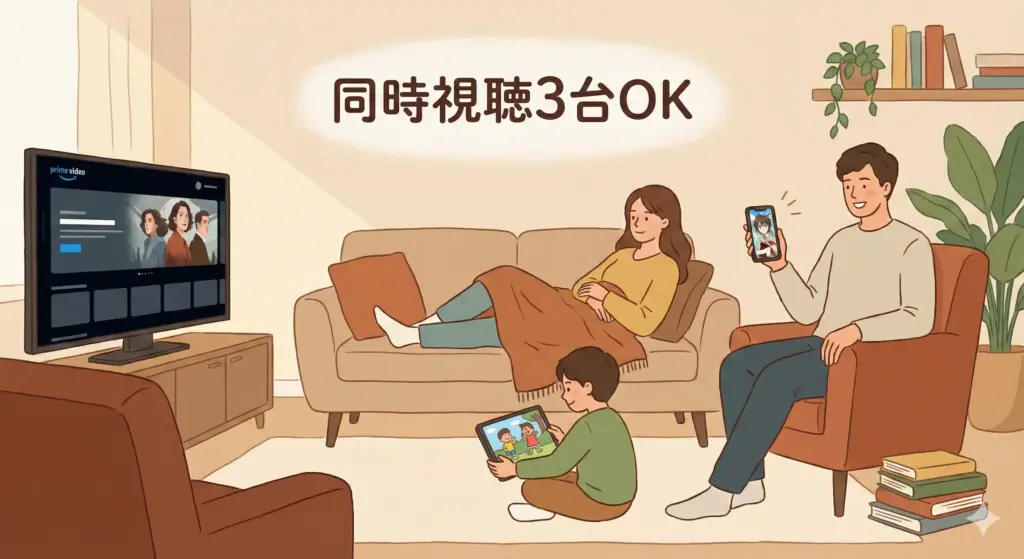 家族がそれぞれ別のデバイスでAmazonプライムビデオを同時視聴している幸せな光景