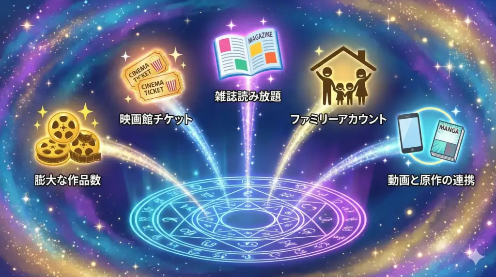 作品数No.1や映画館クーポンなどU-NEXT独自の5つのメリットを示すアイコン群