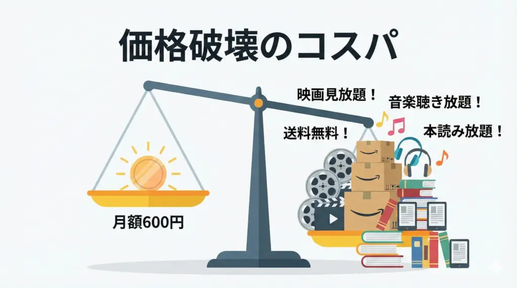 Amazonプライムが月額600円に対して得られる特典が圧倒的に多いことを示す天秤のイラスト