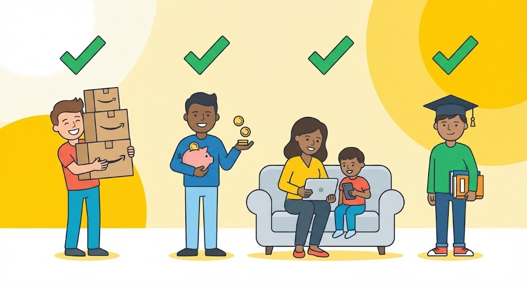 Amazonプライムビデオをおすすめする4つのユーザータイプ（買い物好き、コスパ重視、家族連れ、学生）を描いたイラスト